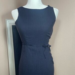 Suzuya Linen Blend Navy Sheath Dress Womens Small Tie Waist Midi Minimal